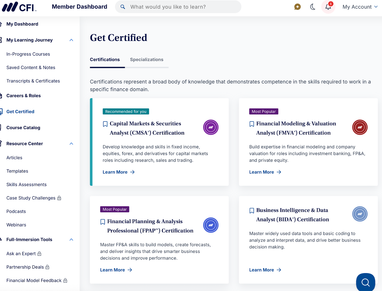 CFI member dashboard showing certification paths, courses, templates, and resources