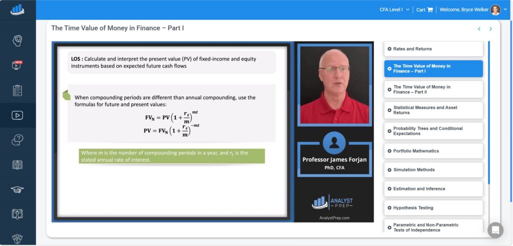 The AnalystPrep CFA videos are stacked neatly, with each featuring on-demand lectures from Professor James Forjan.