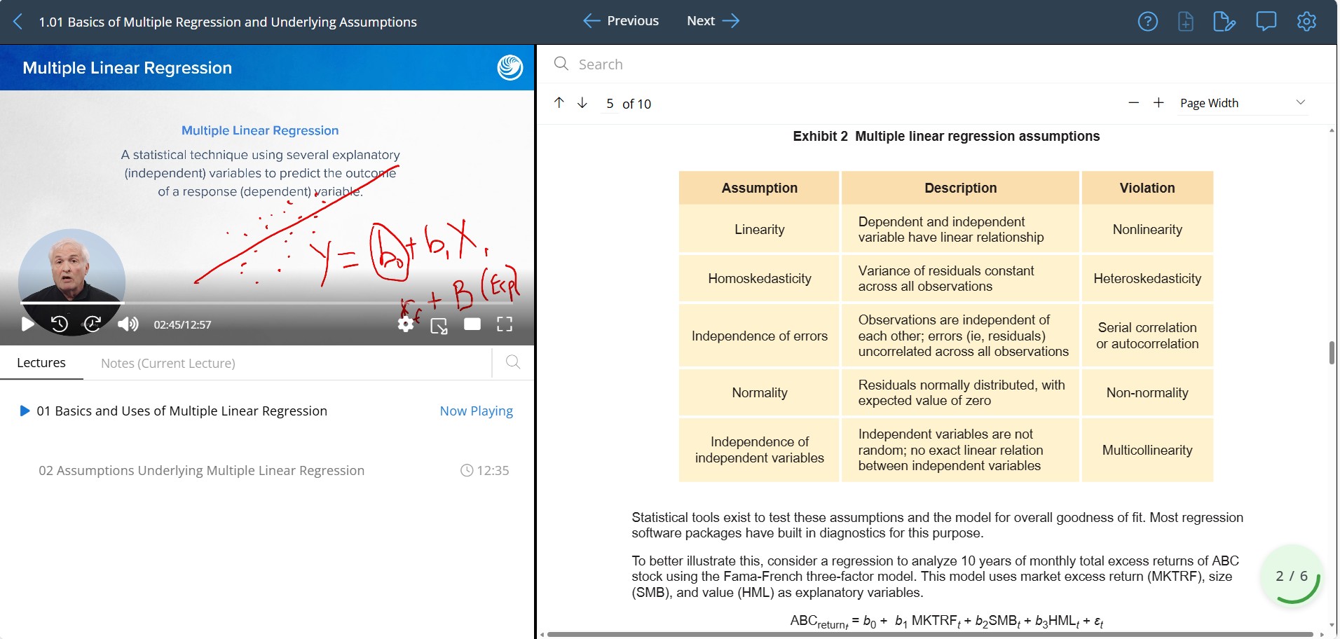 The UWorld CFA video interface shows the video and lesson outline at the same time, with previous and next buttons so you can move forward or backward in the curriculum.