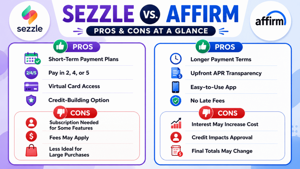 Sezzle vs Affirm comparison infographic