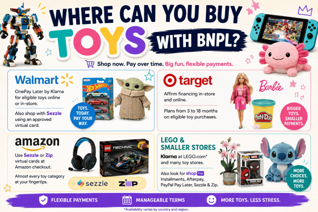 Buy now pay later toys shopping checkout screen