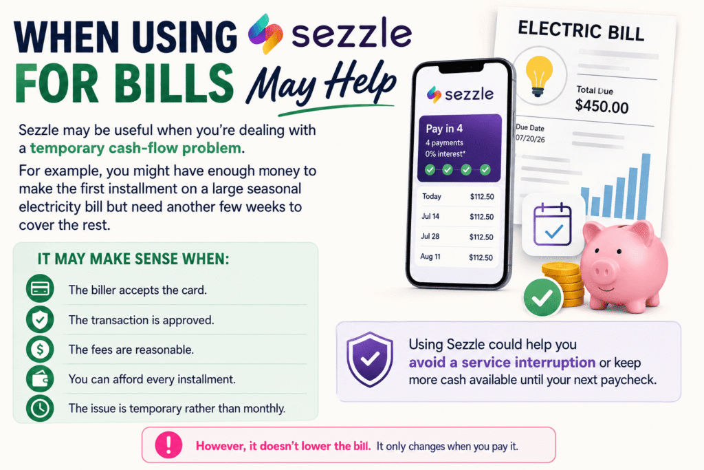 Sezzle bill payment options and virtual card screen