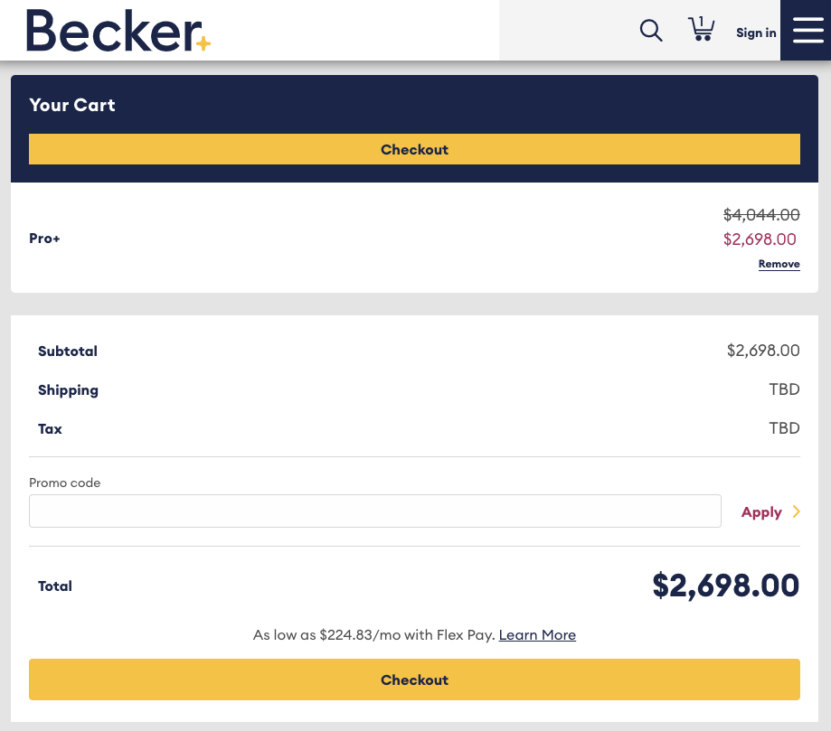Becker checkout promo code field in the order summary