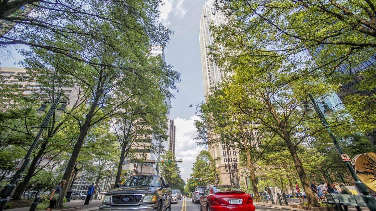 Why don't Charlotte streets run north-south? An extreme wide angle view looking north on Tryon Street near the intersection of Trade Street in Charlotte. In this city of skyscrapers and trees, the streets don't run north-south. Tryon Street runs northeast out of the city.