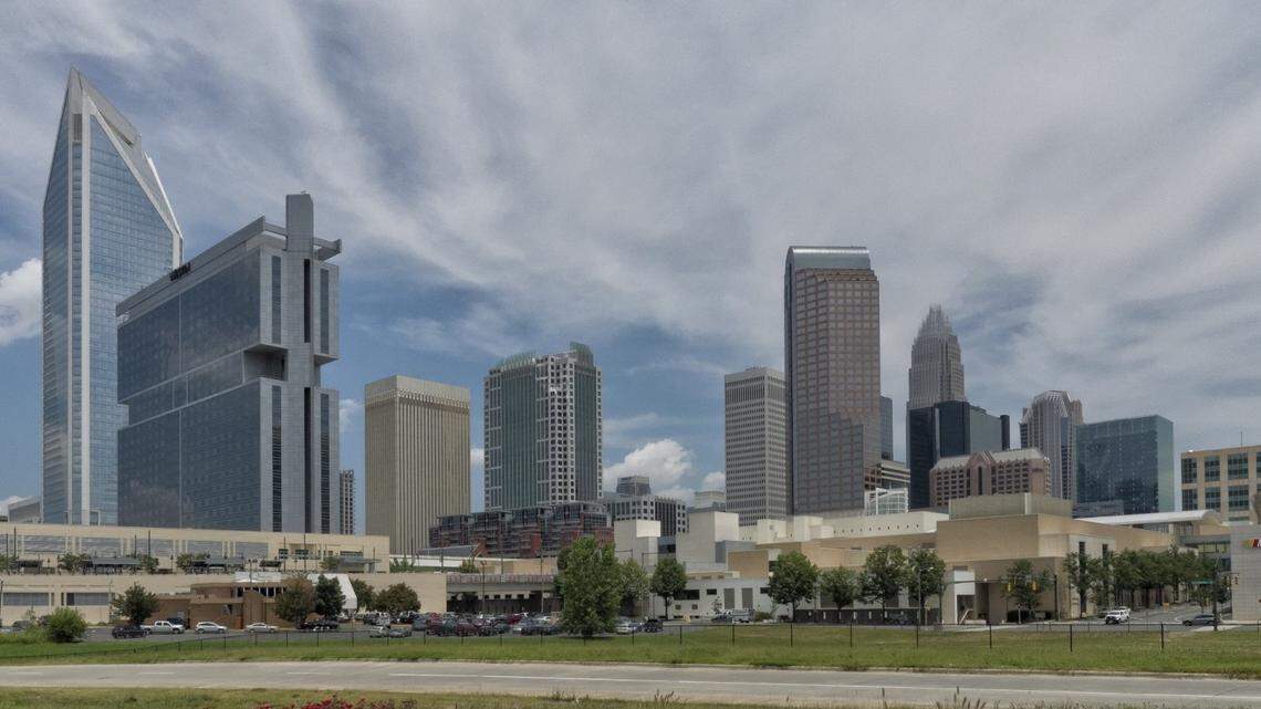 Charlotte skyline shot from near bridge over expressway on South Boulevard on 07.07.14.