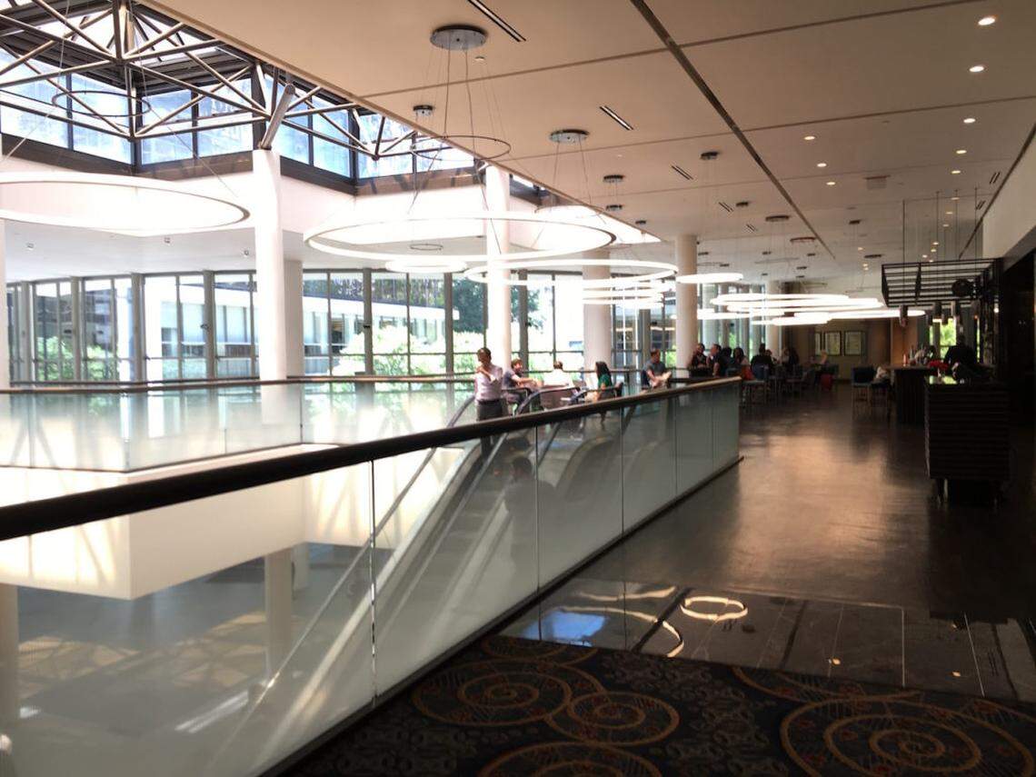 Photo by Jillian Mueller<br>The escalators that connect Two Wells Fargo Center with One Wells Fargo Center
