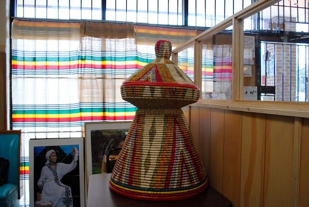 A serving tray sits vacant on a table at Nile Ethiopian Restaurant &amp; Grocery in Sheffield Park.