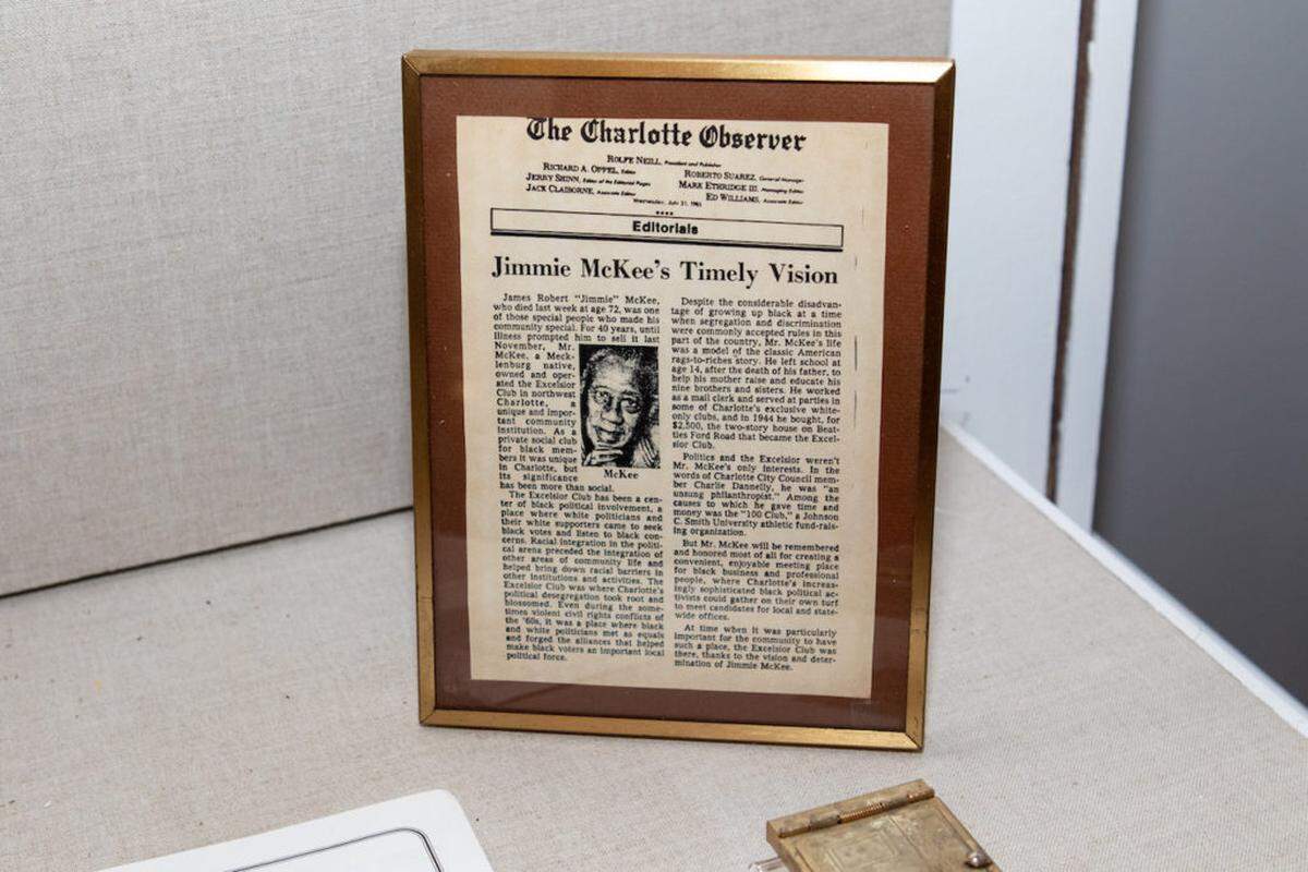 A newspaper article about The Excelsior Club’s creator, Jimmy McKee, is on display at The Charlotte Museum of History.