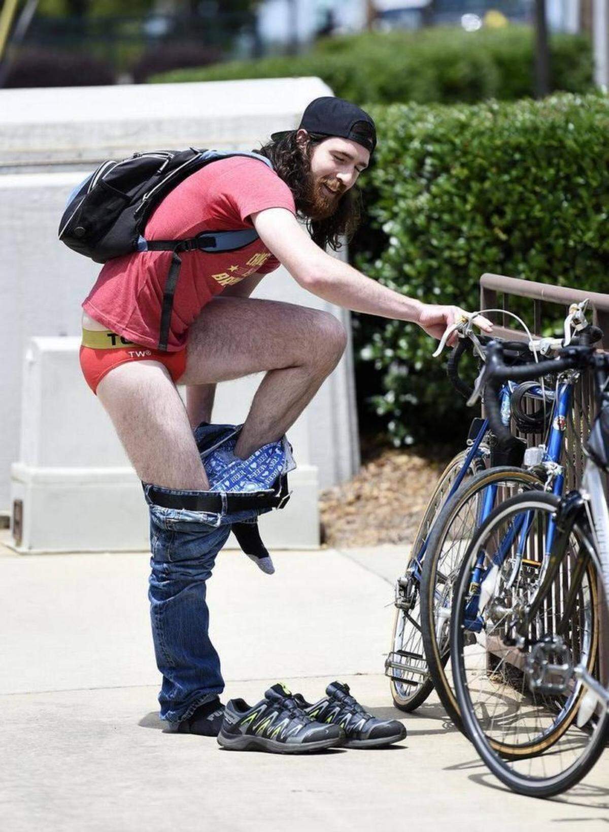 David Carey road up to the Good Bottle Company on Remount Road to shouts of "Take off your pants". So he did.
