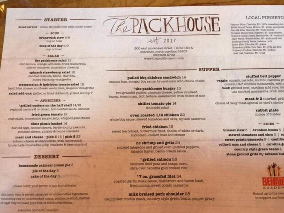 The opening menu at The Packhouse.