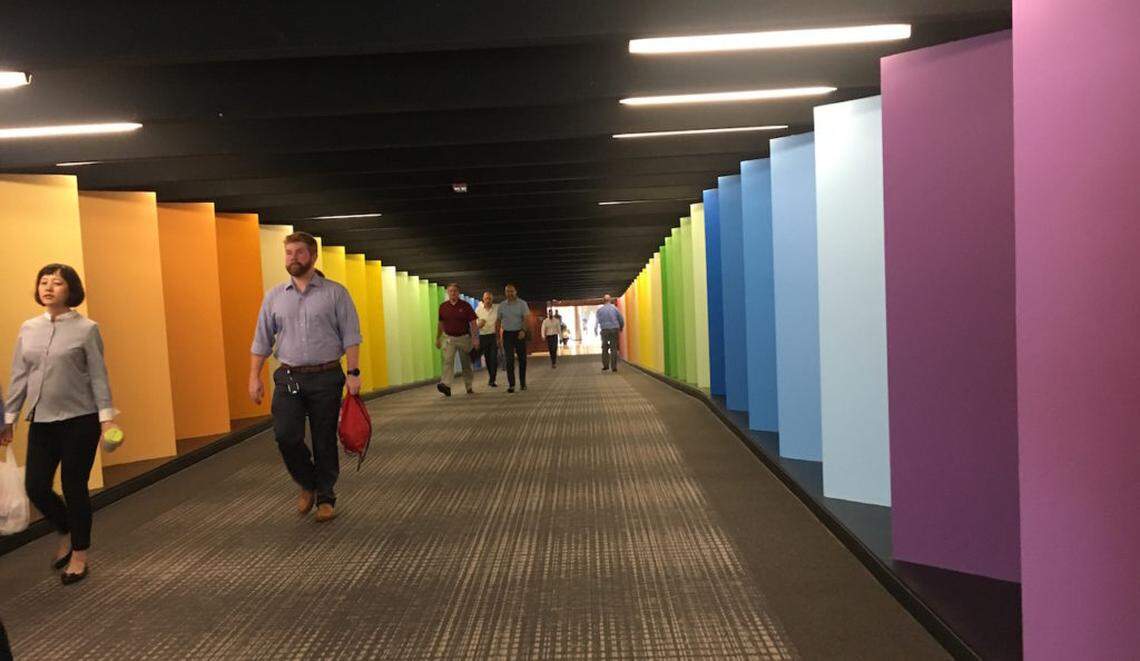 Photo by Jillian Mueller<br>The rainbow tunnel between Three Wells Fargo Center and Two Wells Fargo Center