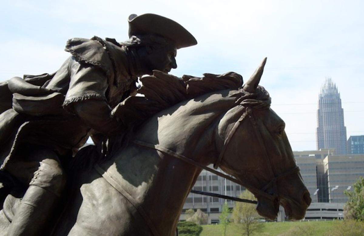 Captain James Jack took the MecDec to the Continental Congress from Charlotte in 1775. Captain Jack by local sculptor, Chas Fagan.