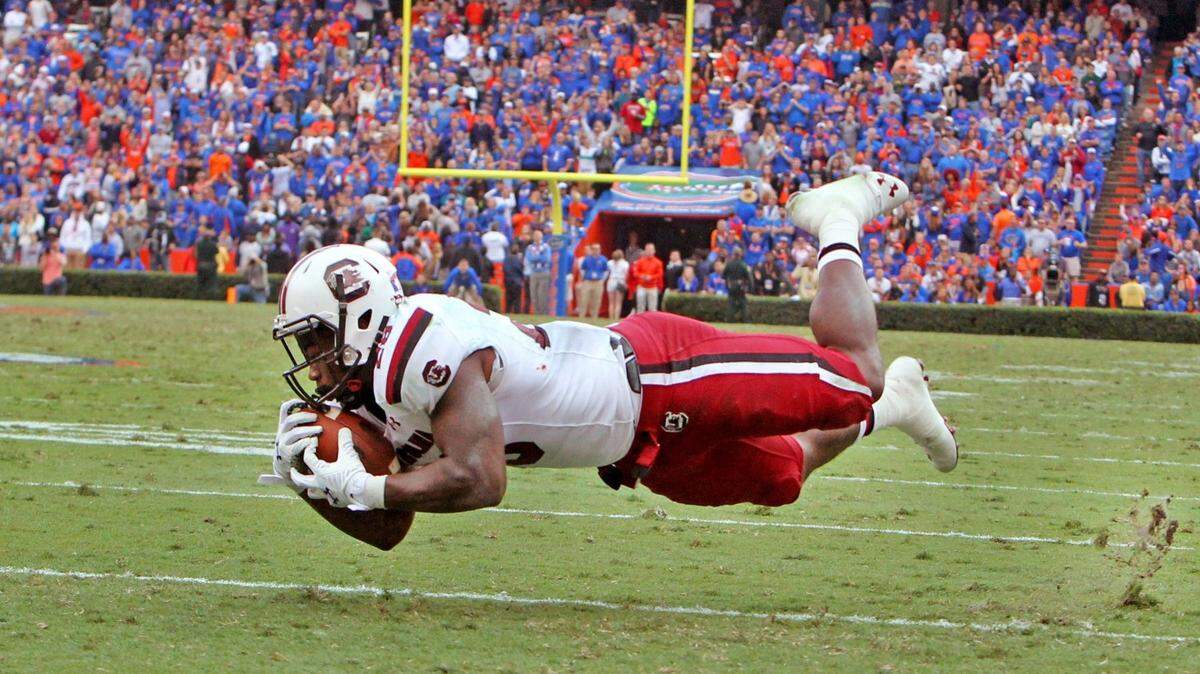 South Carolina running back Mike Davis (28) dives to recover a fumble in the end zone for a touchdown on a run play in the fourth quarter against Florida at Ben Hill Griffin Stadium in Gainesville, Fla., Saturday, Nov. 15, 2014. The visiting Gamecocks won, 23-20, in overtime. (Gerry Melendez/The State/MCT)