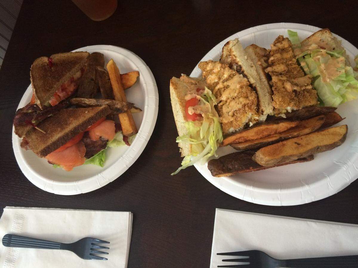 The Fried Catfish Po Boy and Smoked Salmon B.L.T. at Deep Sea.
