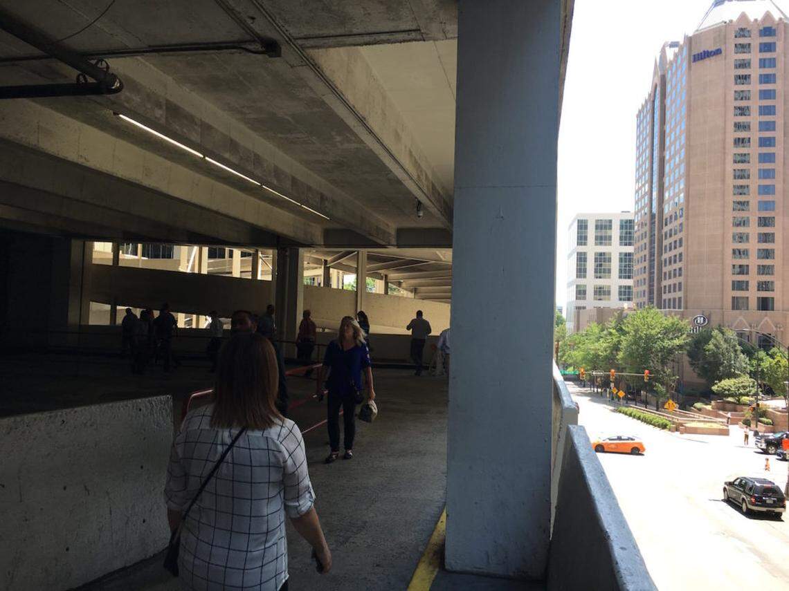 Photo by Jillian Mueller<br>The parking garage walkway that connects Two Wells Fargo Center to BB&amp;T Center