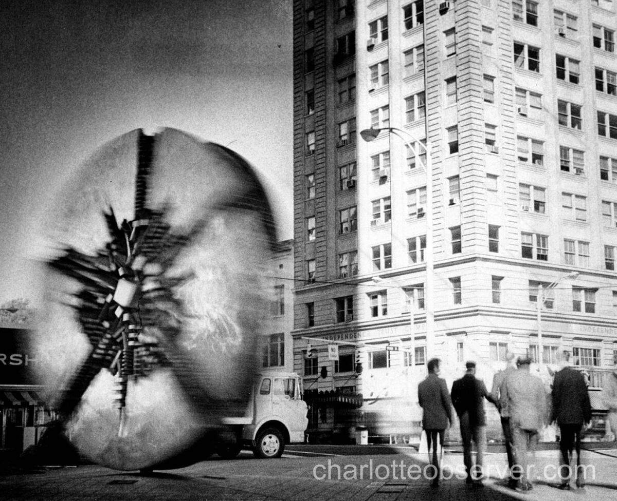Grande Disco twirls rapidly in blustery winds. Photographer left camera shutter open one second for effect.'