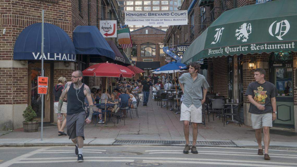 Late in the day at Brevard Court. With an international flavor, you can eat your way around the world at the Latta Arcade and Brevard Court.