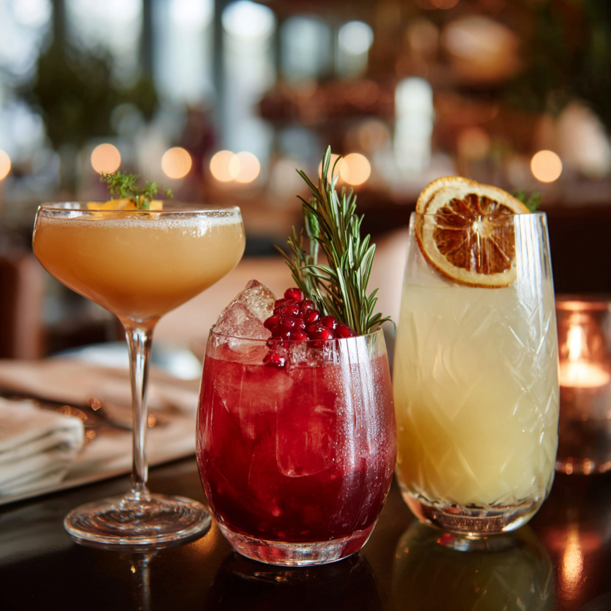 Three distinct, beautifully crafted cocktails sit arranged on a dark, reflective tabletop. In the center, a short glass is filled with a vibrant red drink on ice, garnished with fresh pomegranate seeds and a tall sprig of rosemary. It is flanked by a coupe glass holding an amber-colored cocktail on the left and a tall, patterned glass with a pale yellow beverage topped by a dehydrated orange slice on the right.