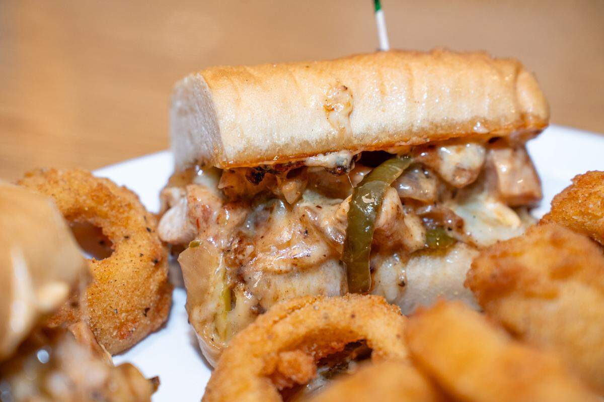 The Diablo Philly is a chicken cheese steak with peppers, onions, jalepenos, pepperoncinis and chili mayo on a hoagie roll.
