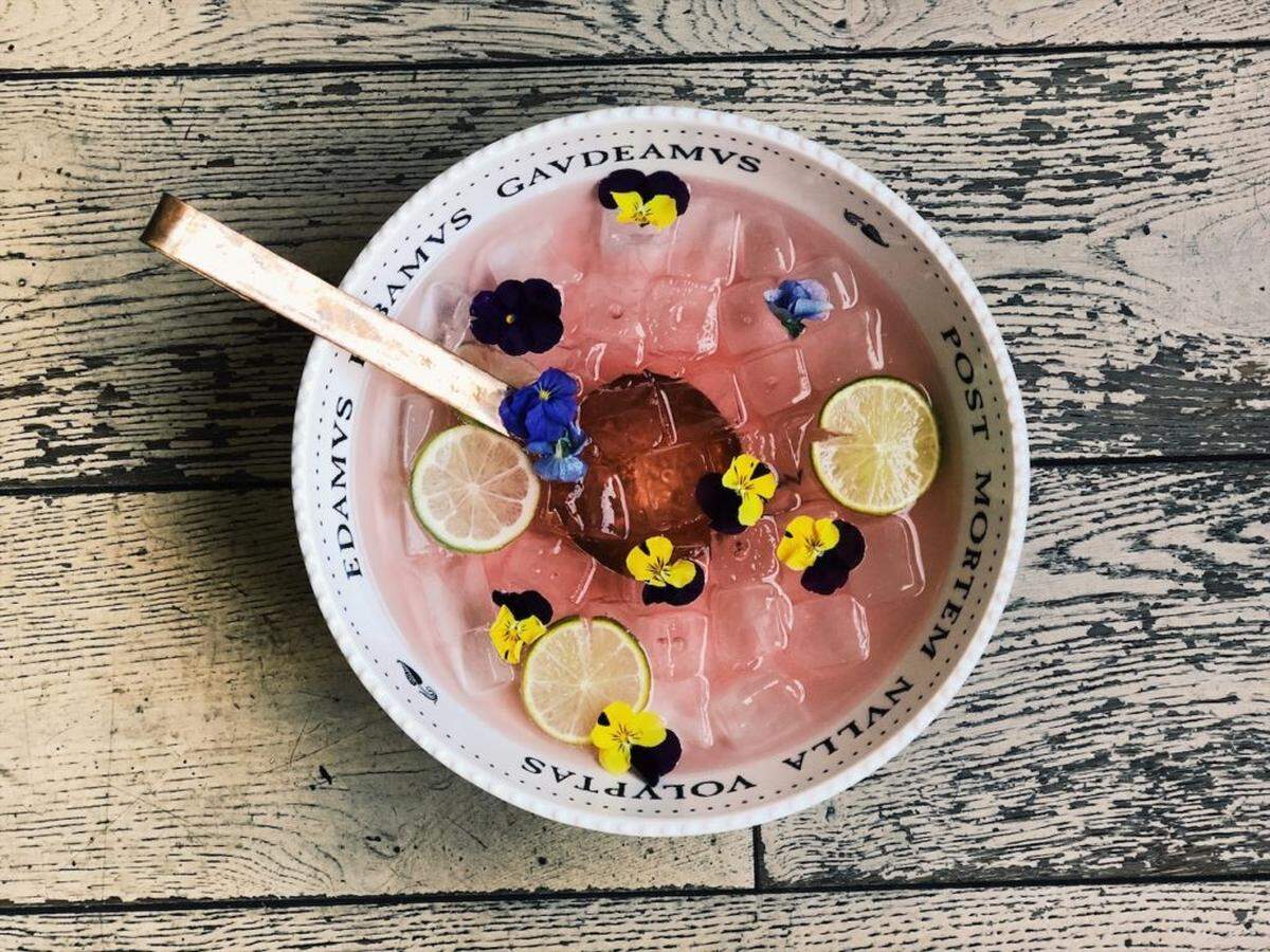Courtesy of Jamie Brown<br/>Crepe Cellar Happy Go Lucky Punch, with champagne, vodka, gin, lime juice and grapefruit-blood orange tea syrup.