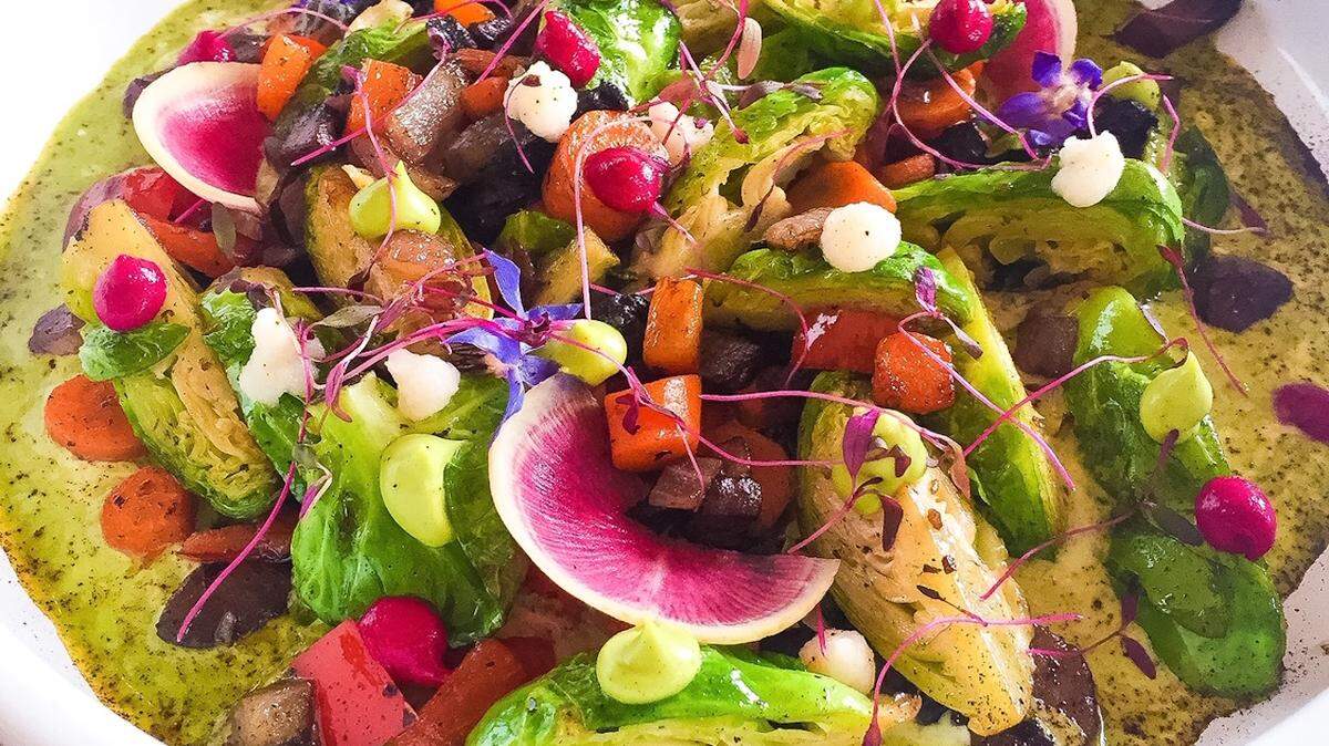 Courtesy of Mal Pan<br>
Brussels salad with chimichurri yogurt