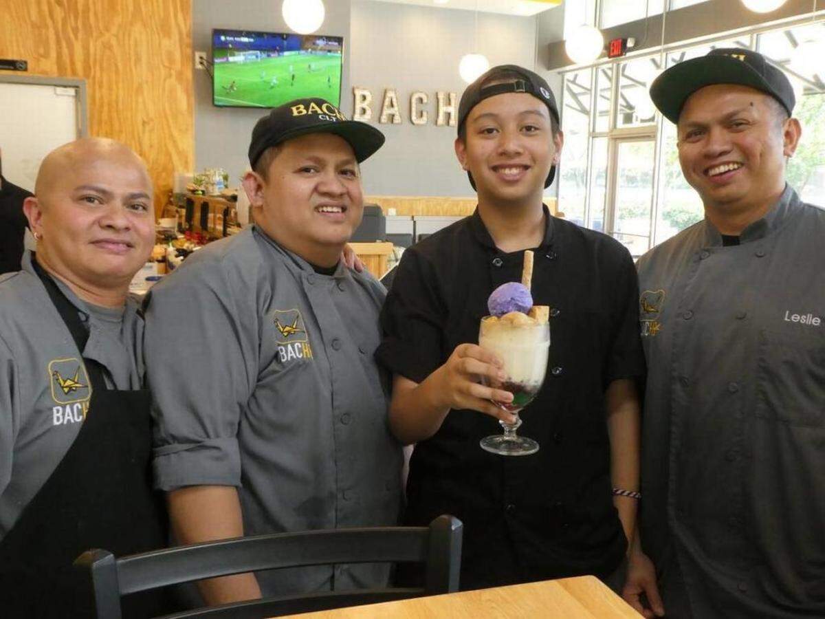 Photo by Tom Hanchett<br/>The Pahang family from the Philippines own Bachi. From left to right: Levi, Carlito, Nathan and Leslie. Nathan holds the halo-halo, complete with a scoop of purple yam ice cream.