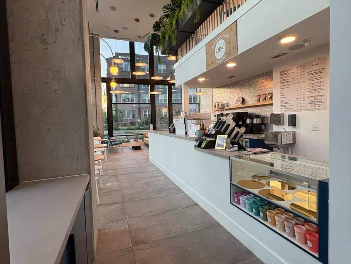 A wide-angle shot shows the long, sleek white service counter of a modern coffee shop named “CHNO,” featuring a glass display case filled with colorful containers. Tropical plants trail from an upper ledge above the counter, contrasting with the industrial concrete pillars and grey tiled flooring. In the background, floor-to-ceiling windows reveal an urban view and a cozy seating area illuminated by warm, hanging globe lights.