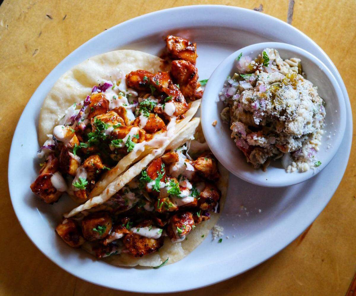 Photo by Jennings Cool<br>Mango Barbecue Mahi Mahi Tacos at Cabo Fish Taco