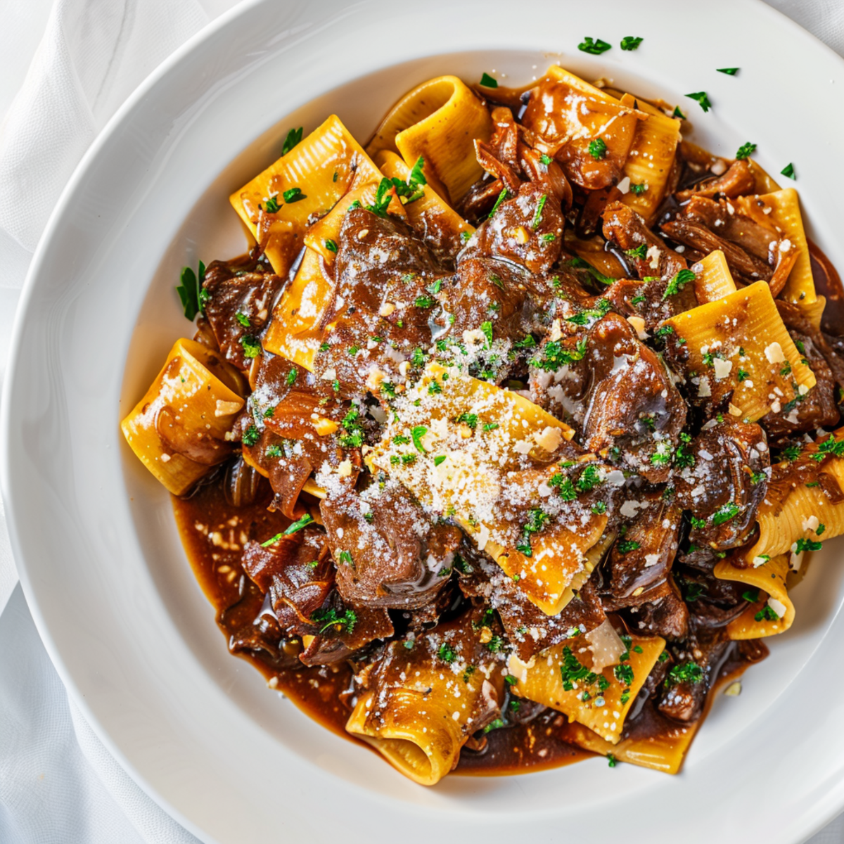 A white wide-rimmed bowl features a hearty portion of pasta tossed in a rich, dark brown sauce. Large, wide, folded yellow pasta noodles are tossed together with generous chunks of tender, braised meat. The dish is finished with a dusting of finely grated white cheese and a sprinkle of chopped fresh parsley.