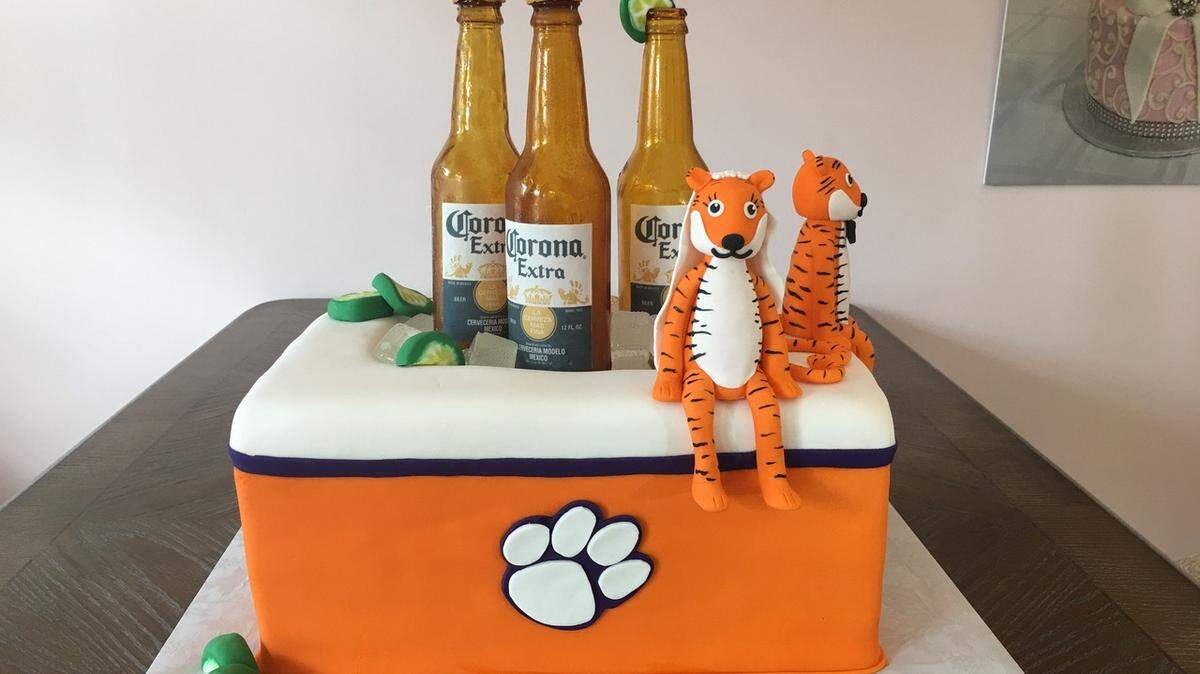 Clemson University tailgate themed groom's cake designed by Brandy Stimac,
owner of The Icing & The Cake. Photo courtesy of The Icing & The Cake.