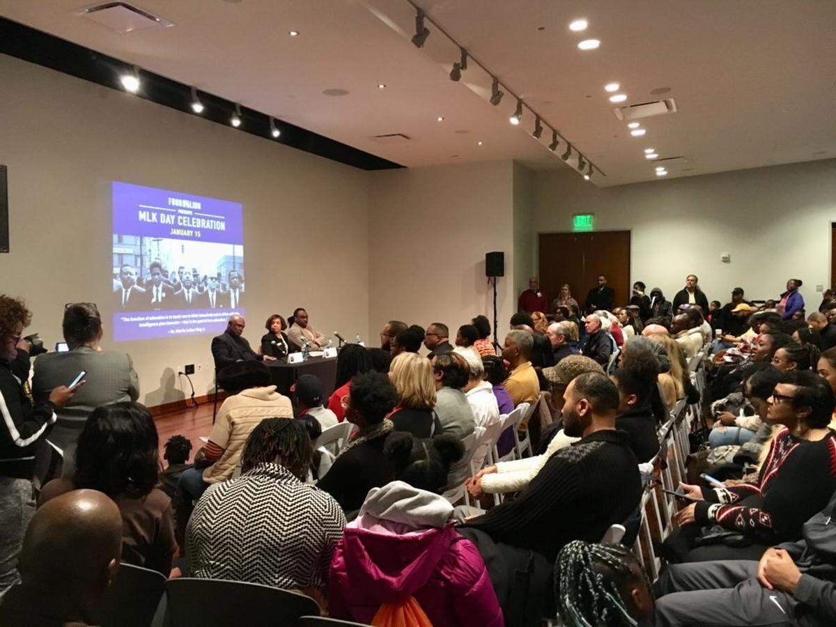 Harvey B. Gantt speaking on an education panel at the Gantt Center on Martin Luther King Jr. Day.