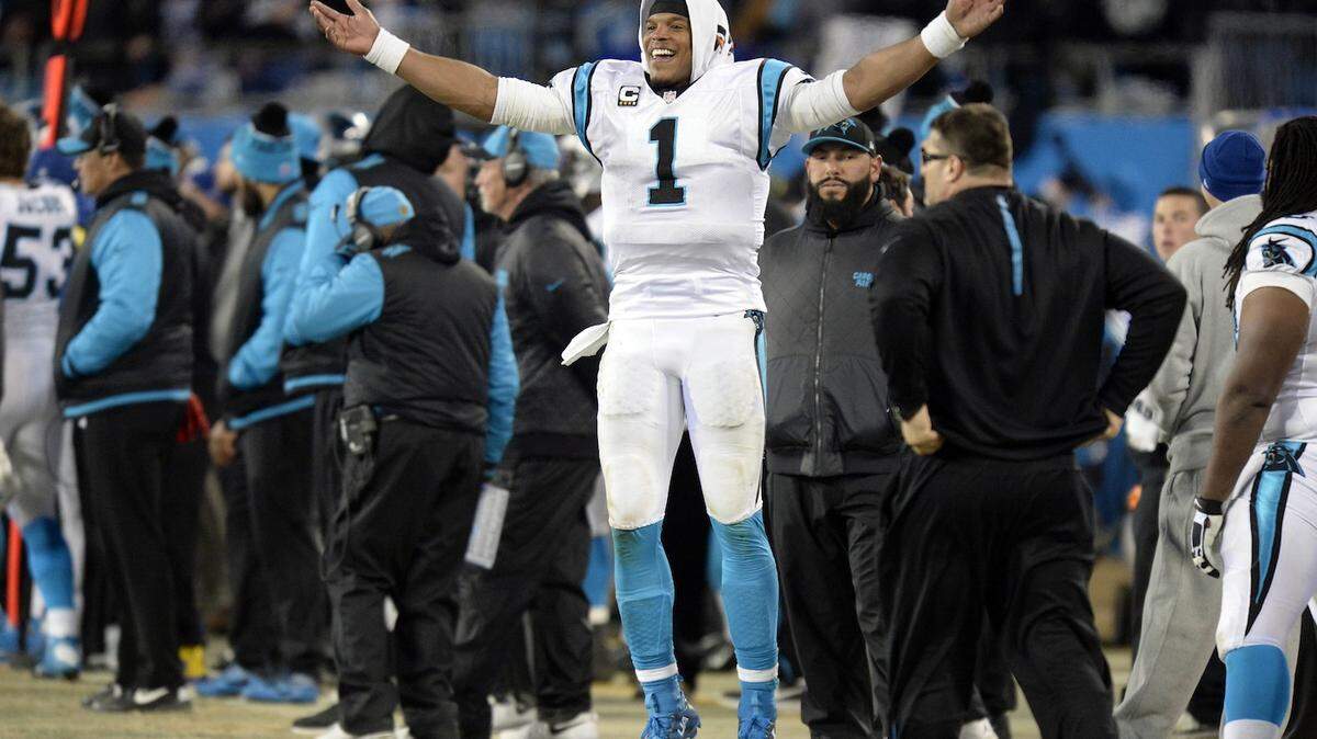 Carolina Panthers quarterback Cam Newton (1) works to keep the crowd enthused during the third quarter against the Arizona Cardinals in the NFC Championship game at Bank of America Stadium on Sunday, January 24, 2016. Carolina won, 49-15, advancing to Super Bowl 50 against the Denver Broncos.
