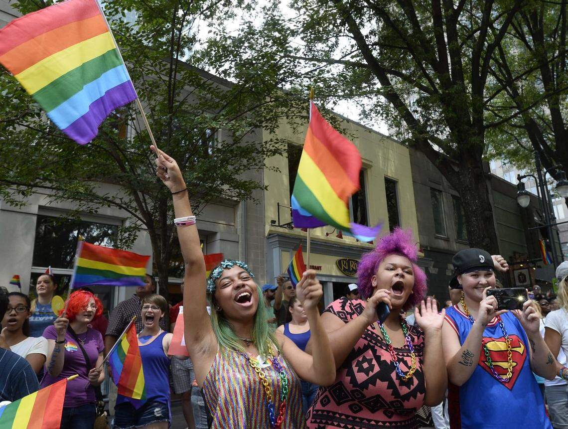 People celebrating at last year’s Charlotte Pride Parade and Festival. On Wednesday, June 10, 2020, Charlotte Pride announced that it will no longer allow local, state and federal law enforcement agencies to participate as vendors or marching contingents in its annual festival and parade.