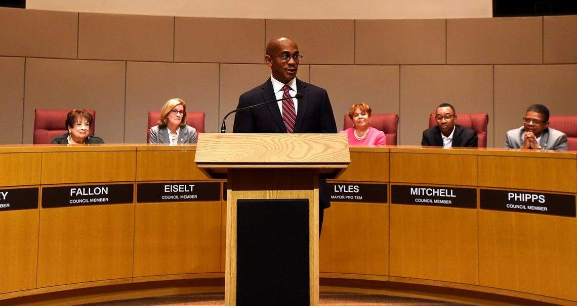 In this file photo, City Manager Marcus Jones presents a budget to the Charlotte City Council. Under Jones’ proposed budget for fiscal 2023, City Council members and the mayor would receive a pay raise of 4%, which matches what’s proposed for salaried employees.