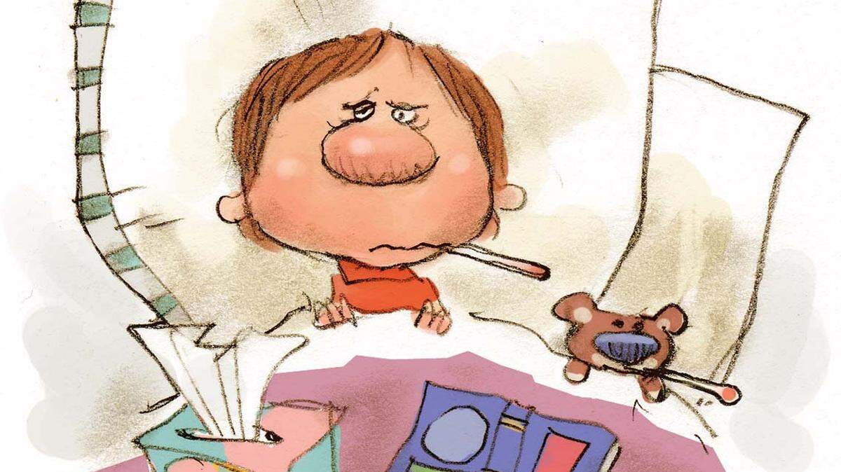 300 dpi 2 col x 3.25 in / 96x83 mm / 327x281 pixels Chris Ware color illustration of sick little boy and his teddy bear tucked into bed with a thermometer, tissues and a book. Lexington Herald-Leader 2005__<p>_KEYWORDS: krtflu krtinfluenza krtcoldflu influenza illnesskids cold teddy bear tissues thermometer children child flu sick sickness runny nose sneeze sneezing temperature fever symptoms krthealthmed krtnational national krtworld world krtcoldflu krthealth health krt aspecto aspectos salud illustration joven osito felpa ilustracion grabado gripe estornudar enfermo mareado lx contributor coddington ware 2005 krt2005