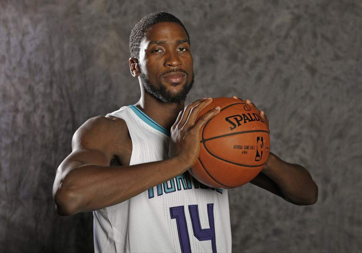 Charlotte Hornets' Michael Kidd-Gilchrist poses for a photo during the NBA basketball team's media day in Charlotte, N.C., Friday, Sept. 25, 2015 . (AP Photo/Chuck Burton)
