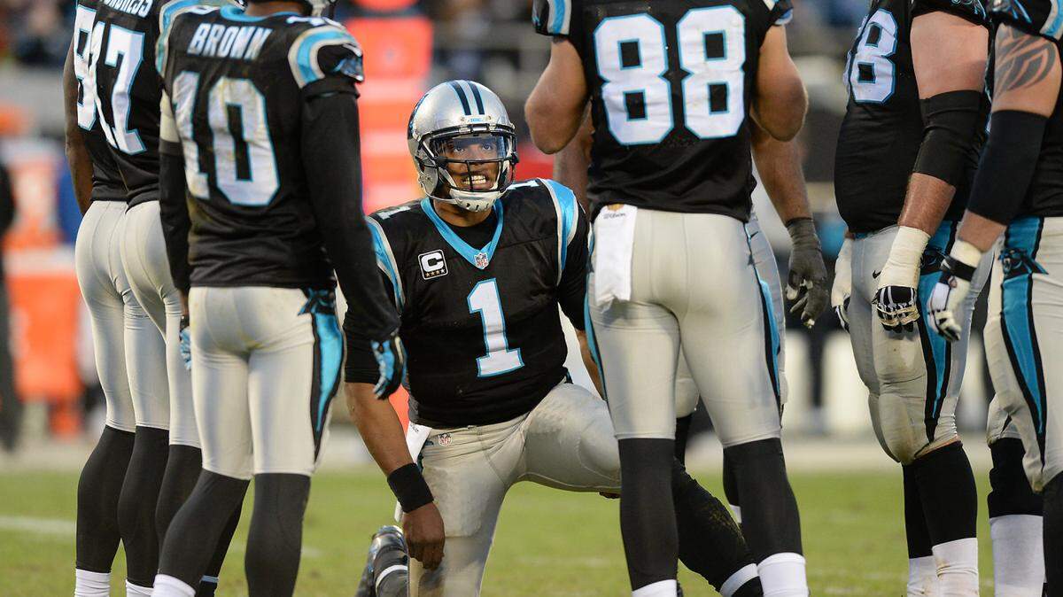 Carolina Panthers quarterback Cam Newton, center, talks with his teammates in the huddle during second quarter action vs the Tampa Bay Buccaneers on Sunday, January 3, 2016 at Bank of America Stadium in Charlotte, NC. The Panthers defeated the Buccaneers 38-10.
