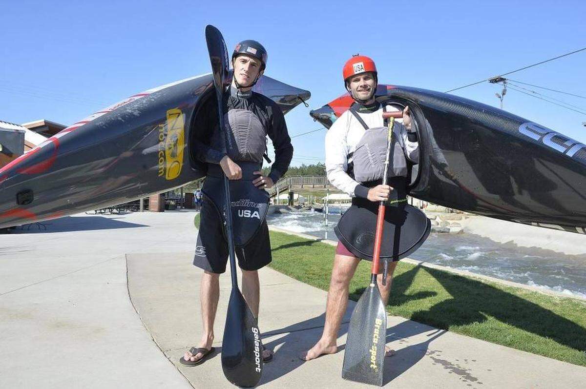 Michal Smolan, left, and Casey Eichfeld train at the U.S. National Whitewater Center in Charlotte.