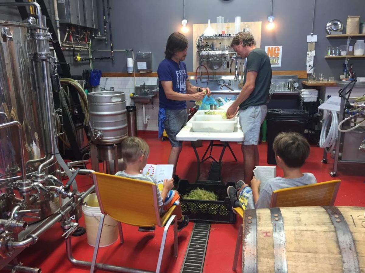The Alexander boys reading in the brewery