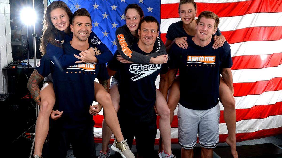 2016 U.S. Olympic swim team members (Left-Right) Katie Meili, Anthony Ervin, Cammile Adams, Ryan Lochte, Kathleen Baker and Jimmy Feigen on Friday, July 8, 2016 at SwimMAC Training Center at Charlotte Latin School in Charlotte, NC.
The six members of SwimMAC Team Elite and CEO &amp; Director of Coaching, SwimMAC Carolina's David Marsh will represent the United States in the 2016 Olympics in Rio de Janeiro. Marsh will be the women's swim team coach.