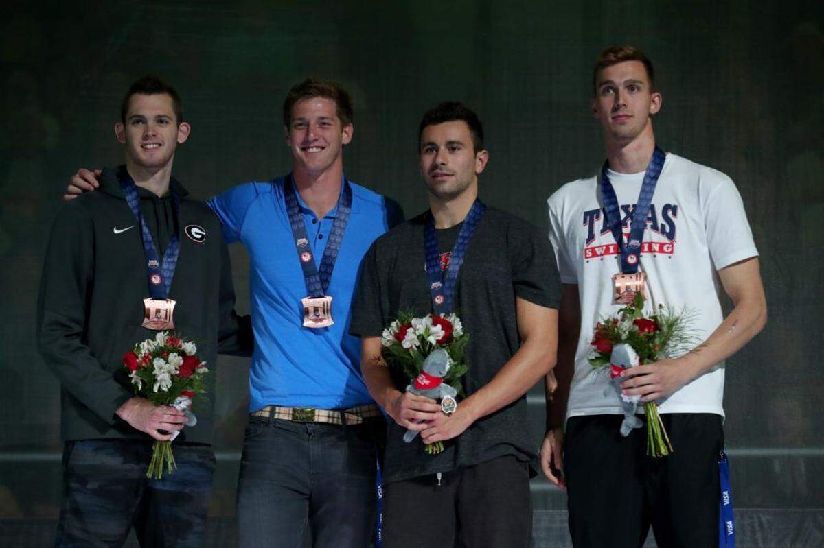 OMAHA, NE - JULY 03:  (L-R) Gunnar Bentz, Jimmy Feigen, Blake Pieroni and Clark Smith of the United States participate in the medal ceremony during Day Eight of the 2016 U.S. Olympic Team Swimming Trials at CenturyLink Center on July 3, 2016 in Omaha, Nebraska.  (Photo by Tom Pennington/Getty Images)