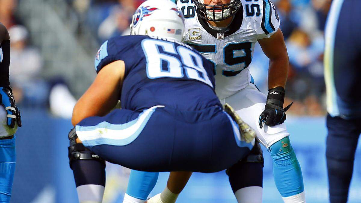 Carolina Panthers middle linebacker Luke Kuechly (59) lines up against the Tennessee Titans during an NFL football game Sunday, Nov. 15, 2015, in Nashville, Tenn. The Panthers won 27-10.  (Jeff Haynes/AP Images for Panini)