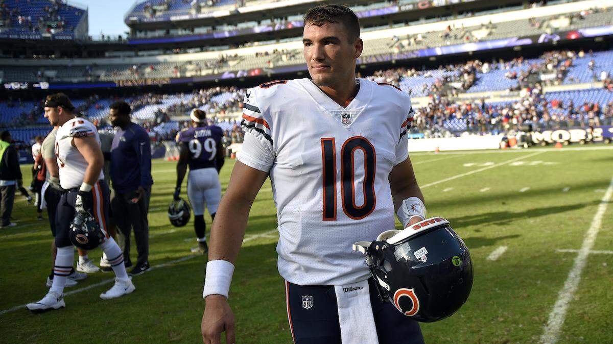 Chicago Bears quarterback Mitchell Trubisky walks off the field after an NFL football game against the Baltimore Ravens, Sunday, Oct. 15, 2017, in Baltimore. Chicago won 27-24 in overtime. (AP Photo/Nick Wass)
