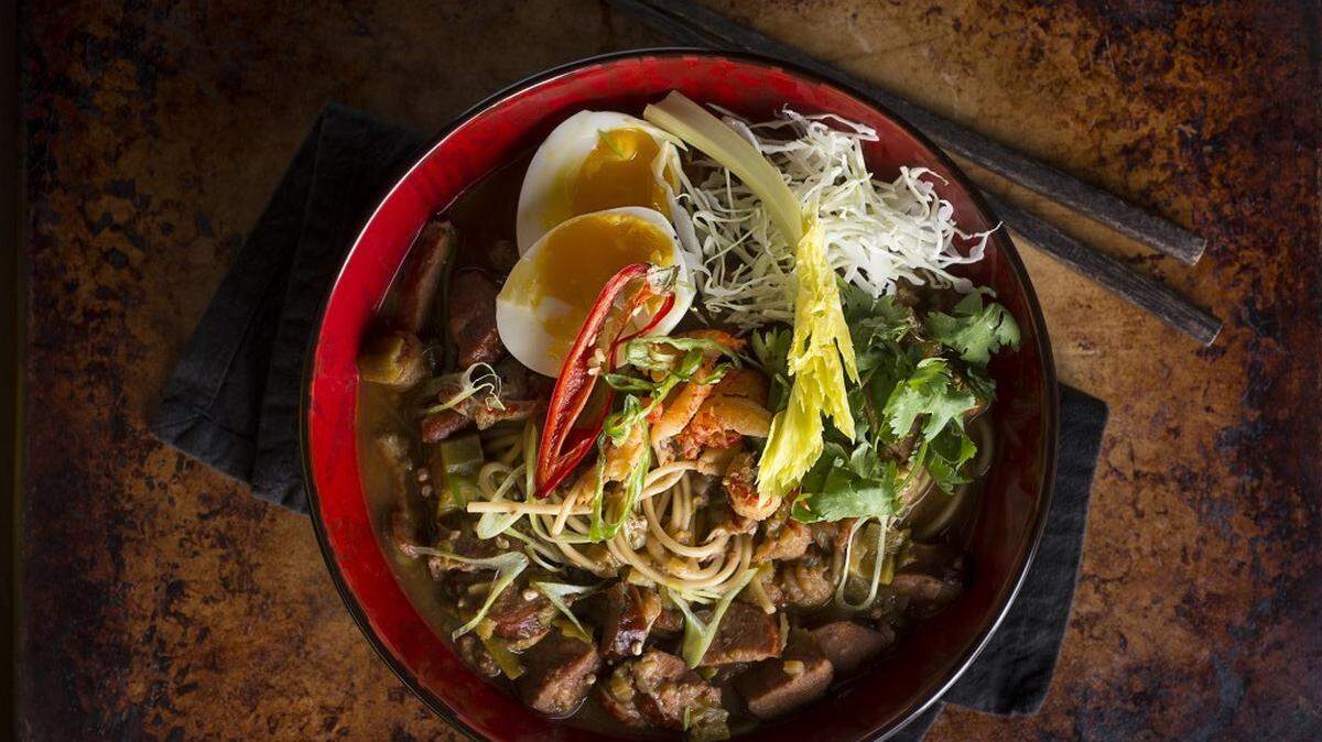 Fusion Ramen with Noodles, Crayfish, Andouille Sausage and Soft Boiled Egg
