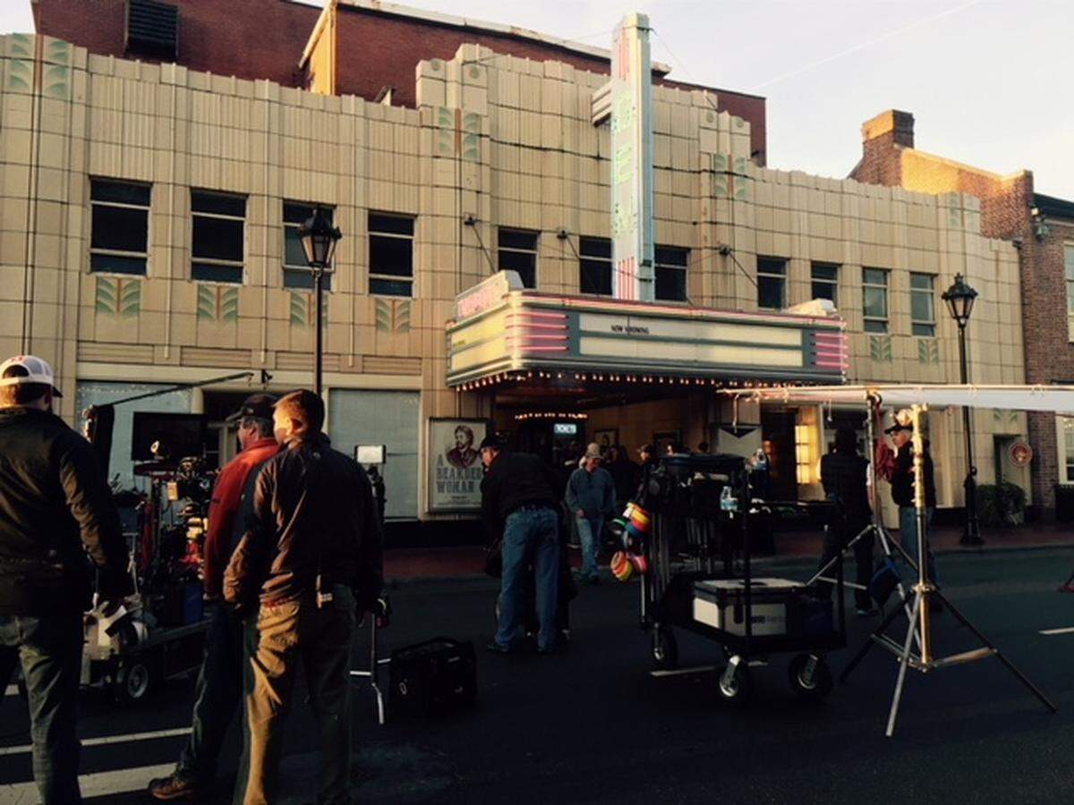 Filming outside Gem Theater in Kannapolis