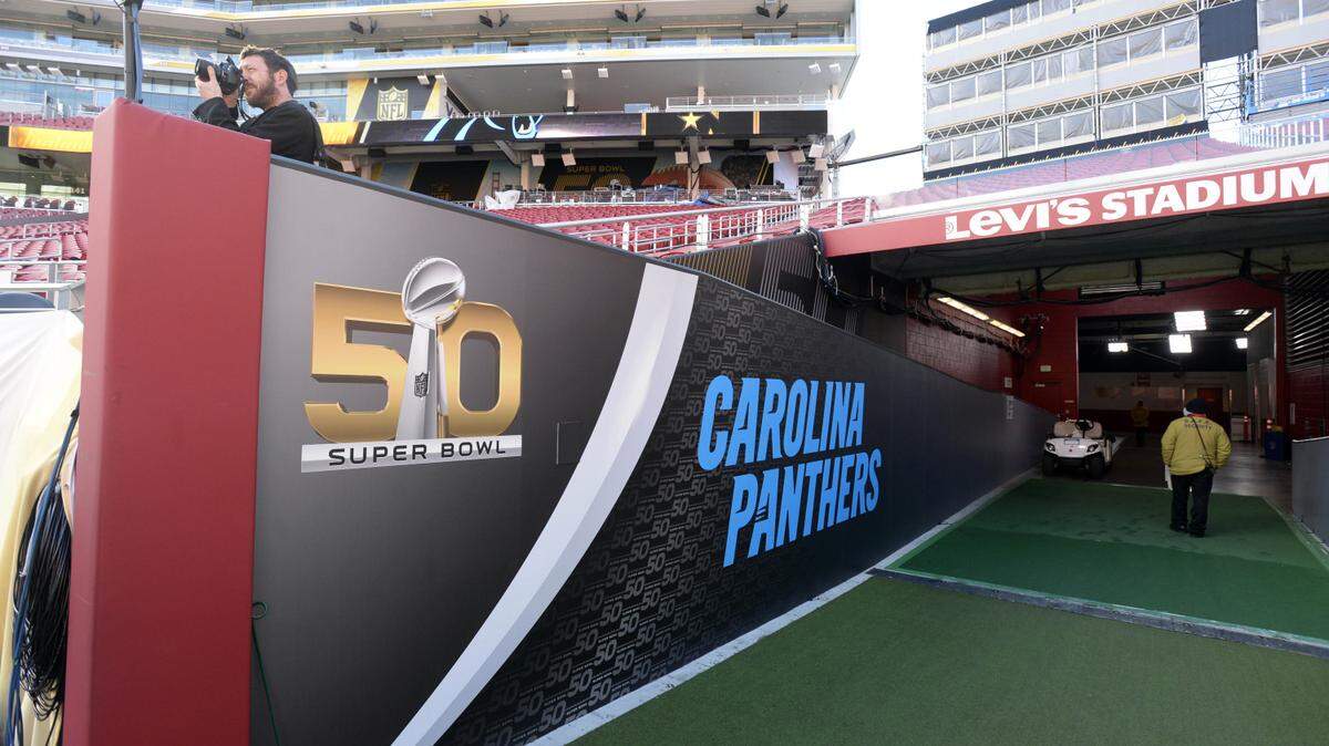 The walls of the Carolina Panthers' entrance to the field are decorated during a tour on Tuesday, February 2, 2016 of Levi's Stadium in Santa Clara, CA, site of Super Bowl 50.
