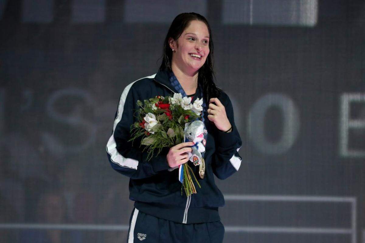 OMAHA, NE - JUNE 30:  Cammile Adams of the United States participates in the medal ceremony for the Women's 200 Meter Butterfly during Day Five of the 2016 U.S. Olympic Team Swimming Trials at CenturyLink Center on June 30, 2016 in Omaha, Nebraska.  (Photo by Tom Pennington/Getty Images)