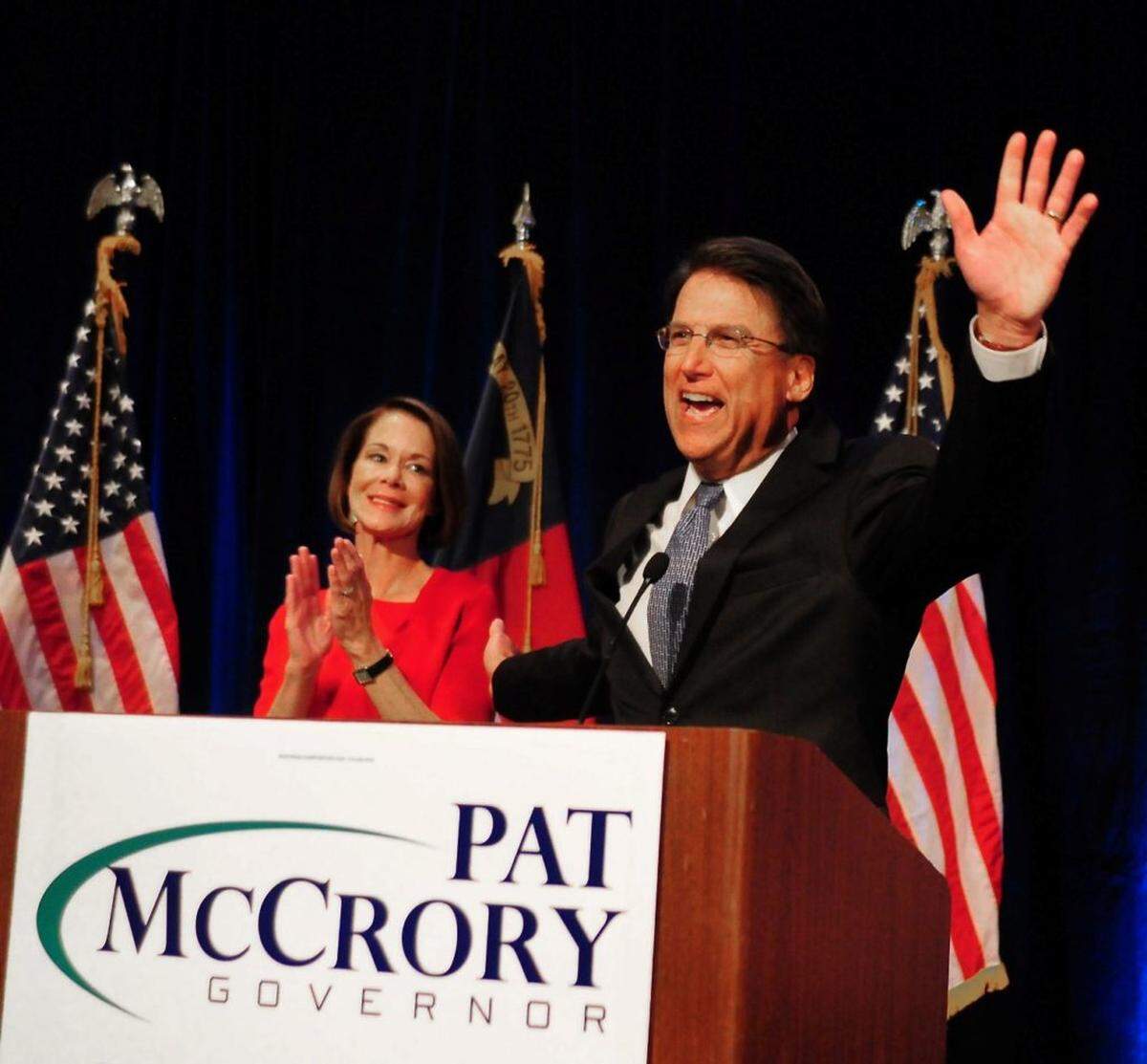 Republican Pat McCrory celebrates his victory in the North Carolina gubernatorial race over Democrat Walter Dalton on Tuesday, November 6, 2012. McCrory met with his supporters at The Westin Charlotte Hotel in Charlotte, NC. Looking on at left is his wife, Ann McCrory. Jeff Siner - jsiner@charlotteobserver.com