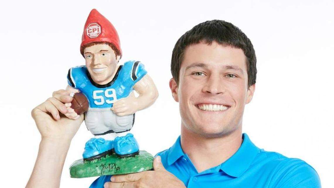 Luke Kuechly and the CPI “Kuechly gnome,” made famous in the company’s commercials featuring the star linebacker. 