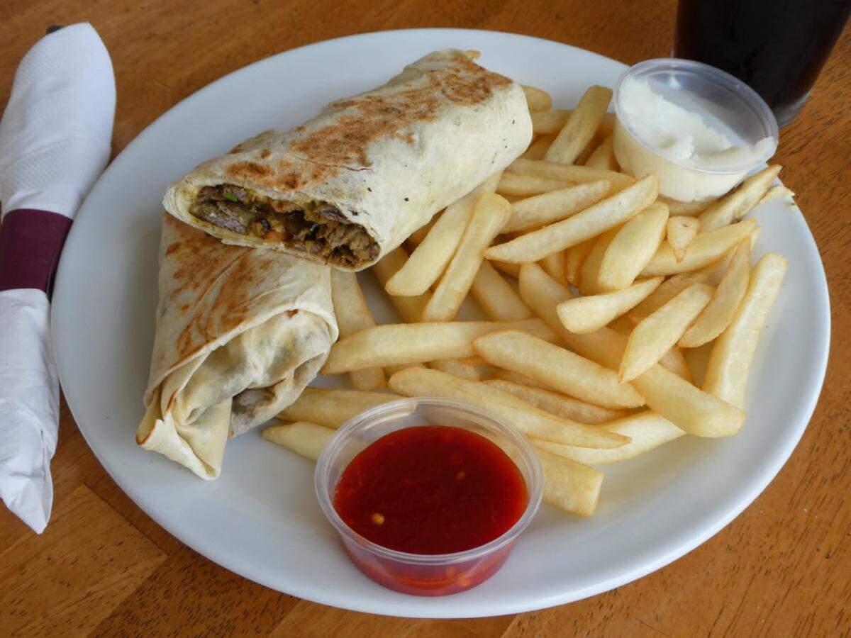 A beef and lamb shawarma wrap at Jasmine Grill. Photo by Tom Hanchett